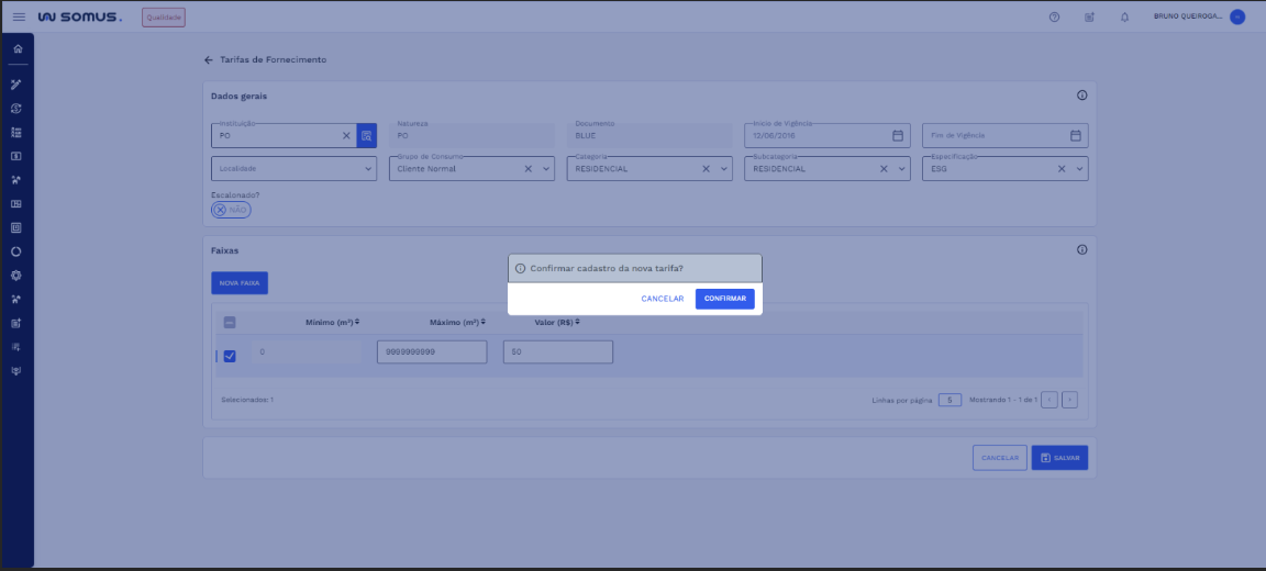 Figura 26: Confirmar cadastro de tarifa