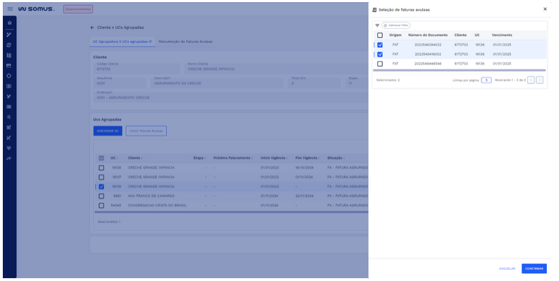 Figura 22: Aba UC Agrupadora x UCs agrupadas – Seleção de Faturas Avulsas – Faturas selecionadas.
