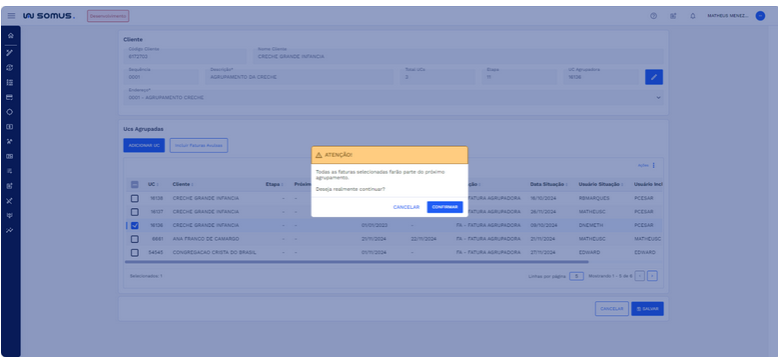 Figura 23: Aba UC Agrupadora x UCs agrupadas – Seleção de Faturas Avulsas - Caixa de diálogo - Atenção