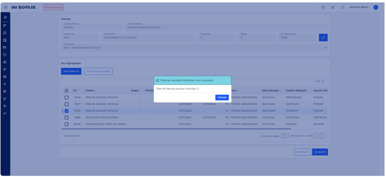 Figura 24: Aba UC Agrupadora x UCs agrupadas – Seleção de Faturas Avulsas-Caixa de diálogo - Sucesso