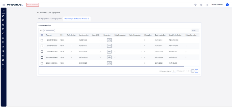 Figura 25: Aba Manutenção de Faturas Avulsas – Faturas incluídas