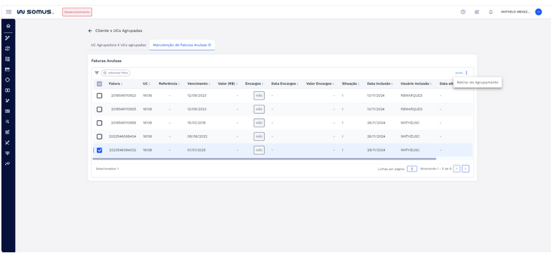 Figura 27: Aba Manutenção de Faturas Avulsas – Retirar Agrupamento