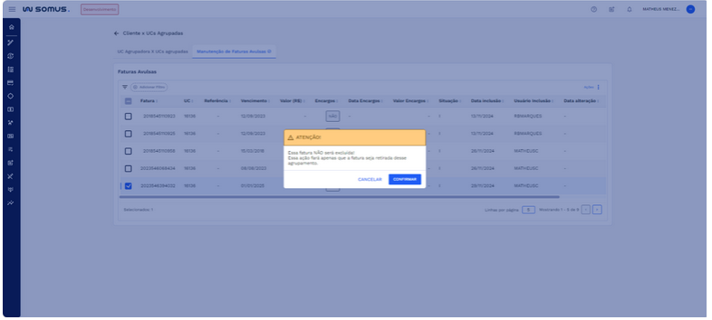 Figura 28: Aba Manutenção de Faturas Avulsas – Retirar Agrupamento – Caixa de diálogo Atenção