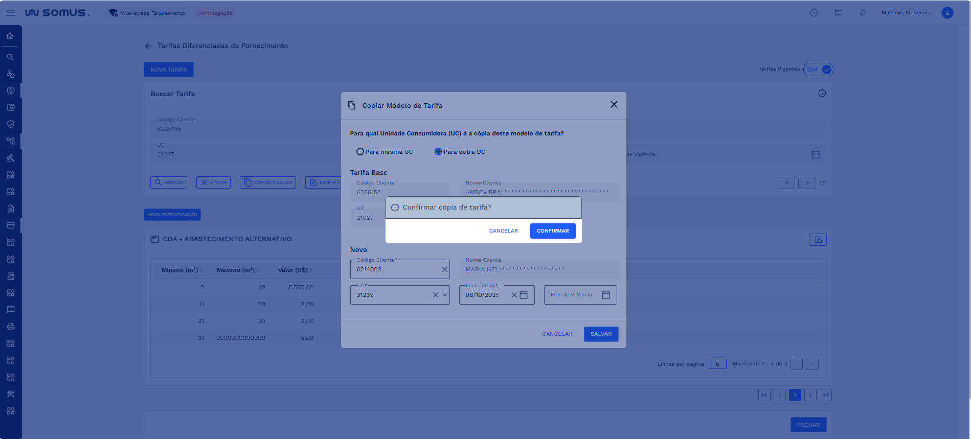 Caixa de diálogo - Confirmar cópia de tarifa