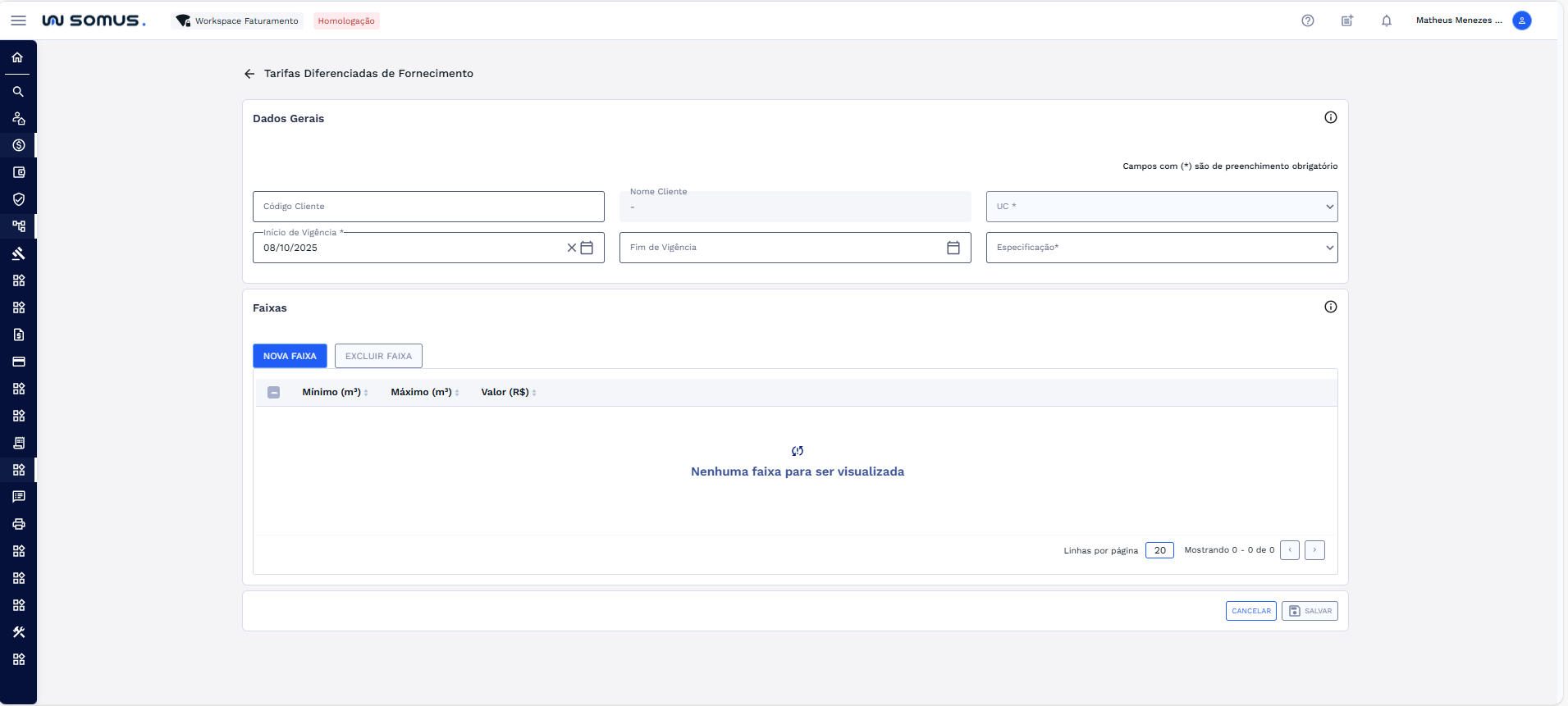 Tela Cadastro Tarifa