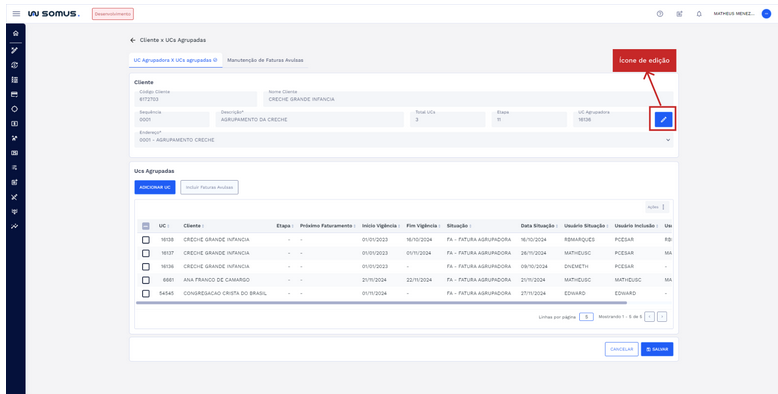 Figura 29: Ícone de Edição - Manutenção de UC agrupadora