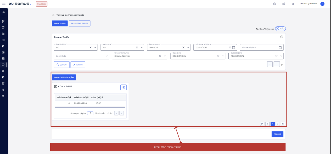 Figura 4:  Tarifas encontradas
