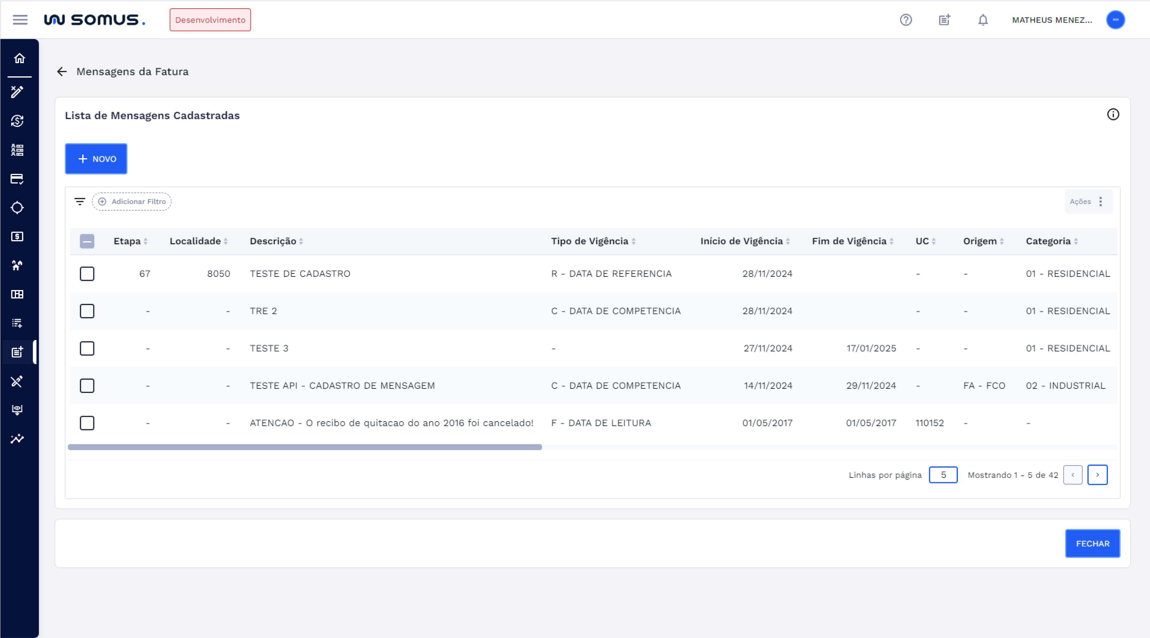 Lista de Mensagens de Fatura cadastradas