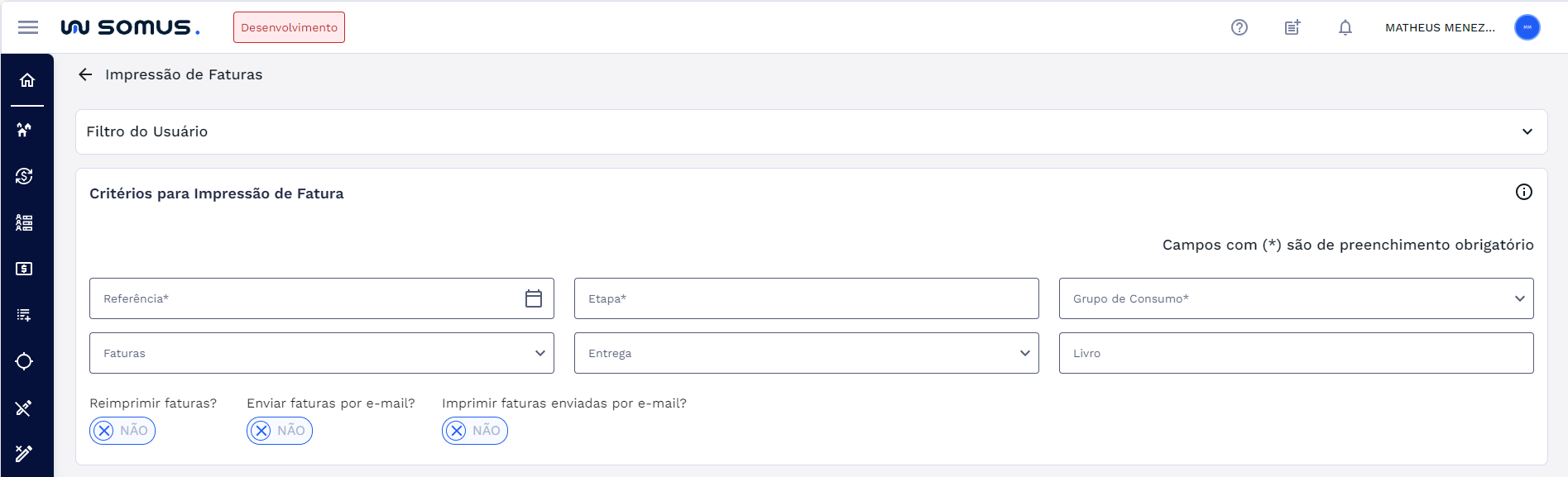 Seção - Critérios para Impressão de Fatura