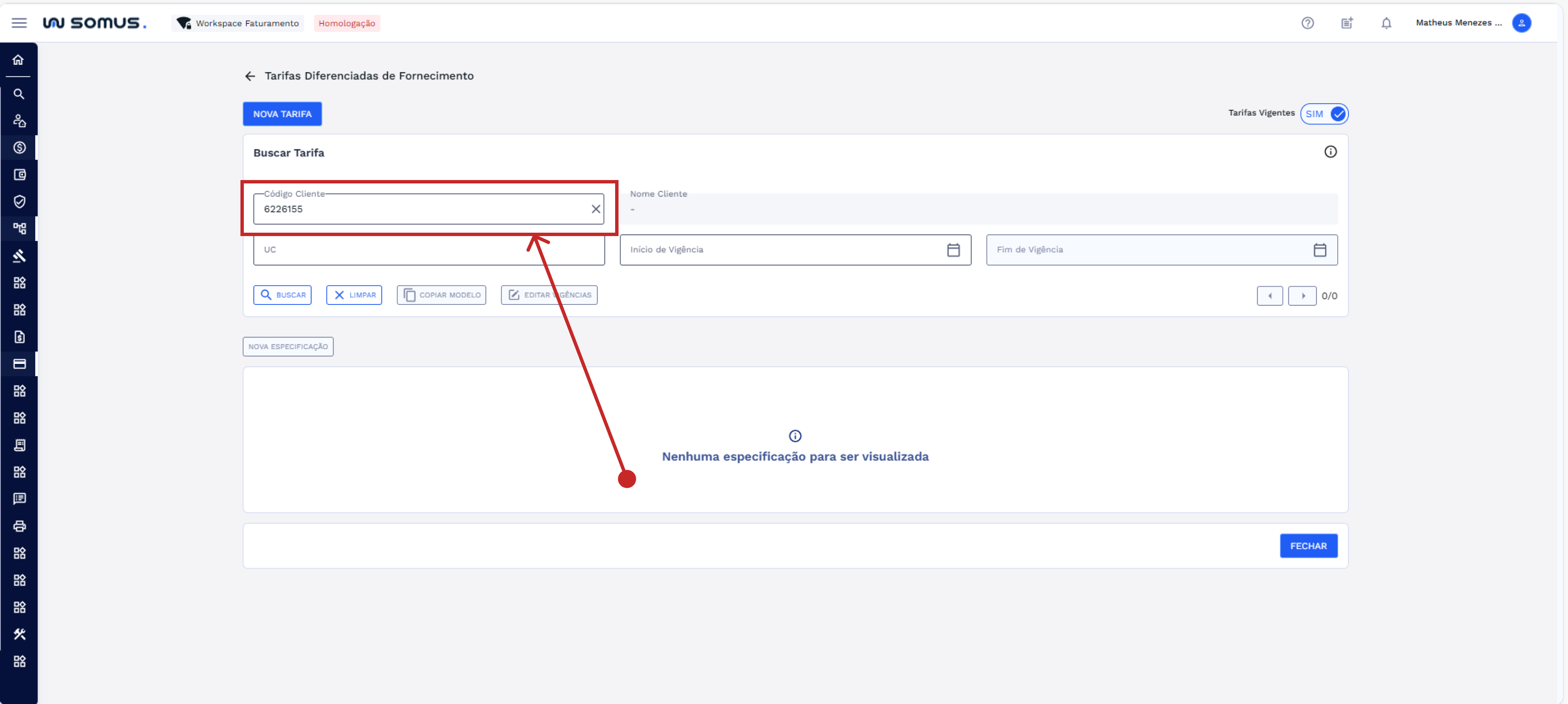 Preenchimento do campo código cliente