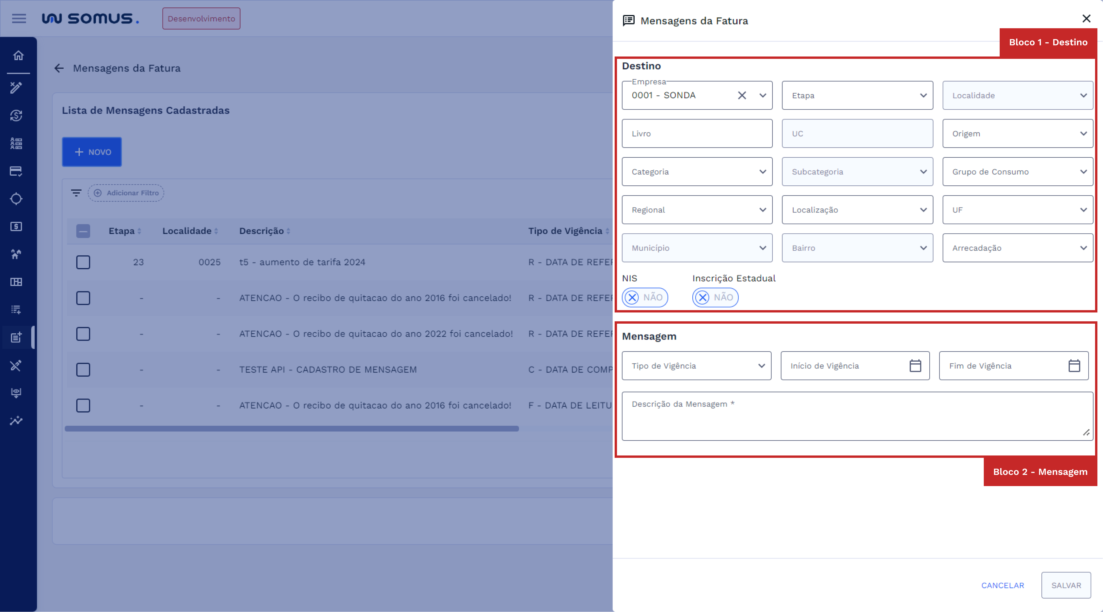 Janela cadastro Mensagens da Fatura – Modo Inclusão