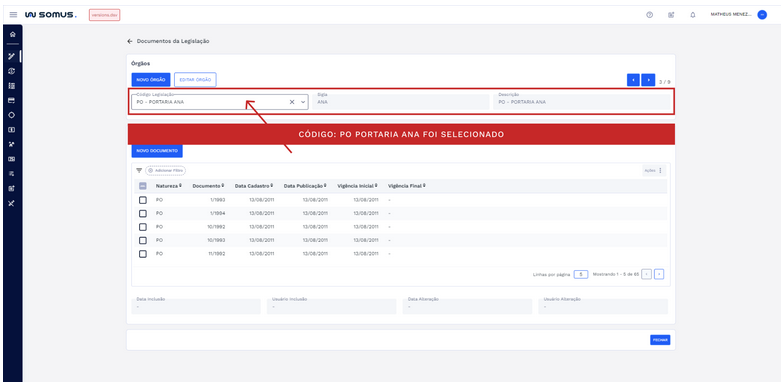 Figura 6: Código Legislação selecionado