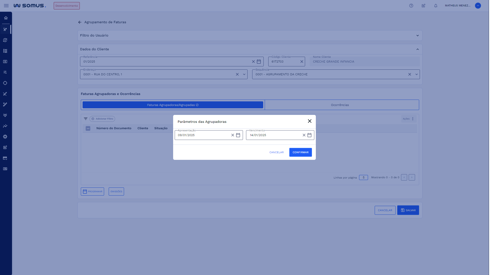 Figura 7: Modal - Parâmetros das Agrupadoras