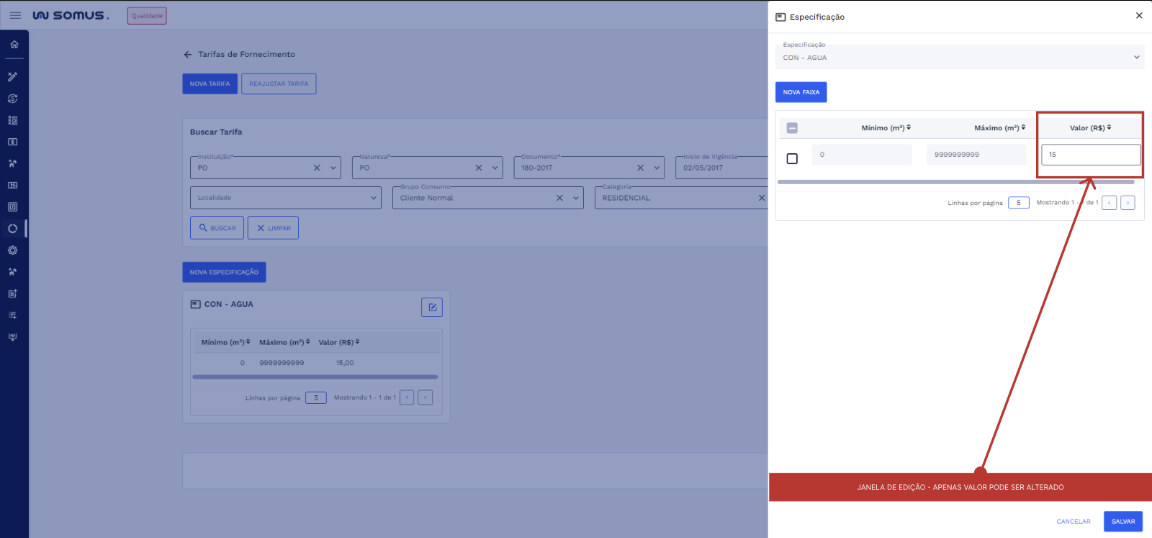 Figura 7: Janela edição especificação