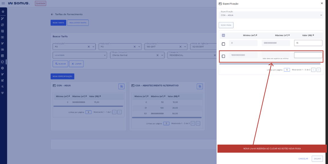 Figura 8: Nova linha de faixa inserida