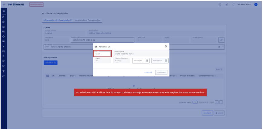 Figura 9: Adição de UC a Lista de UCs Agrupadas