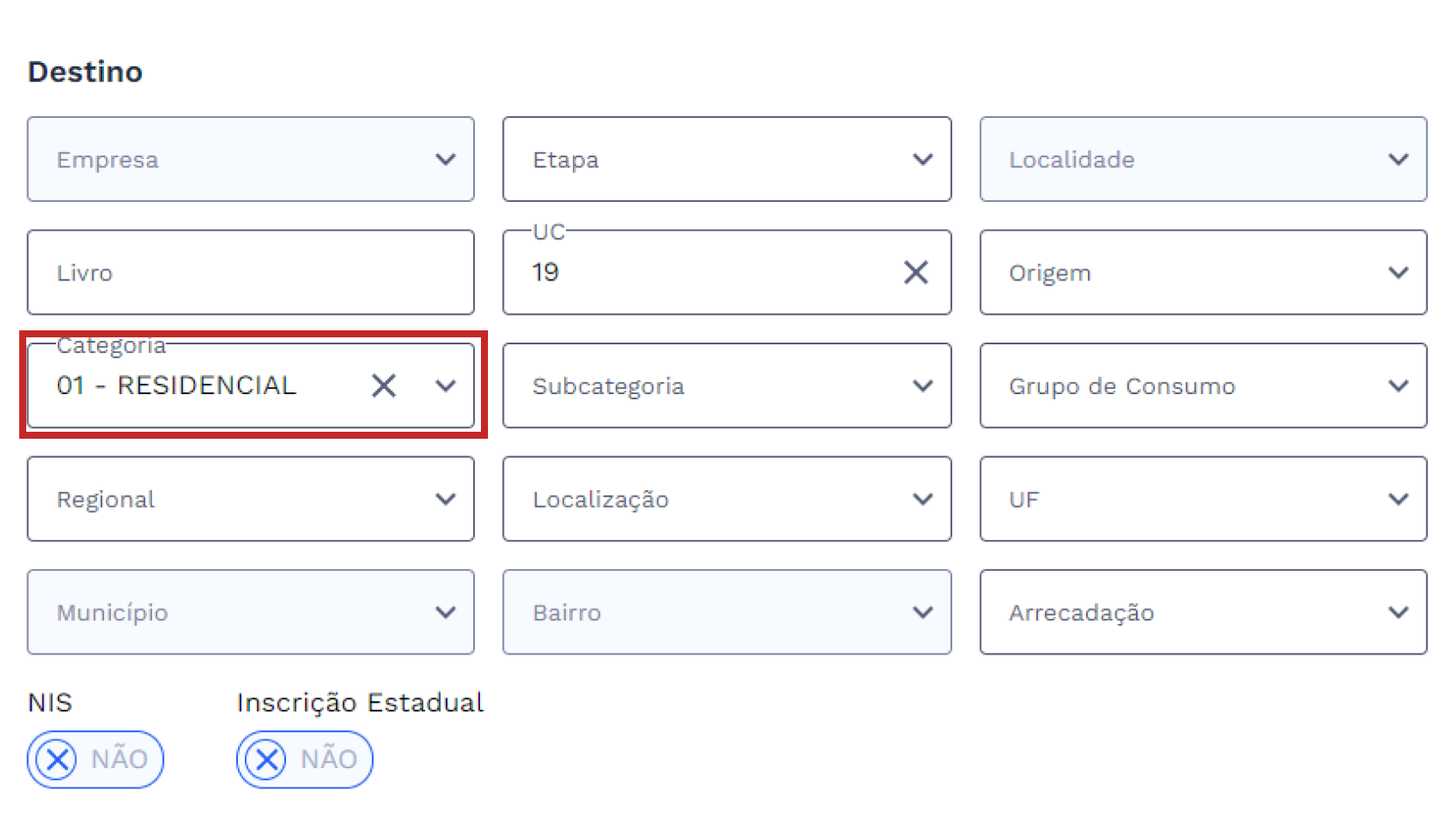 Campo Subcategoria ativo para preenchimento