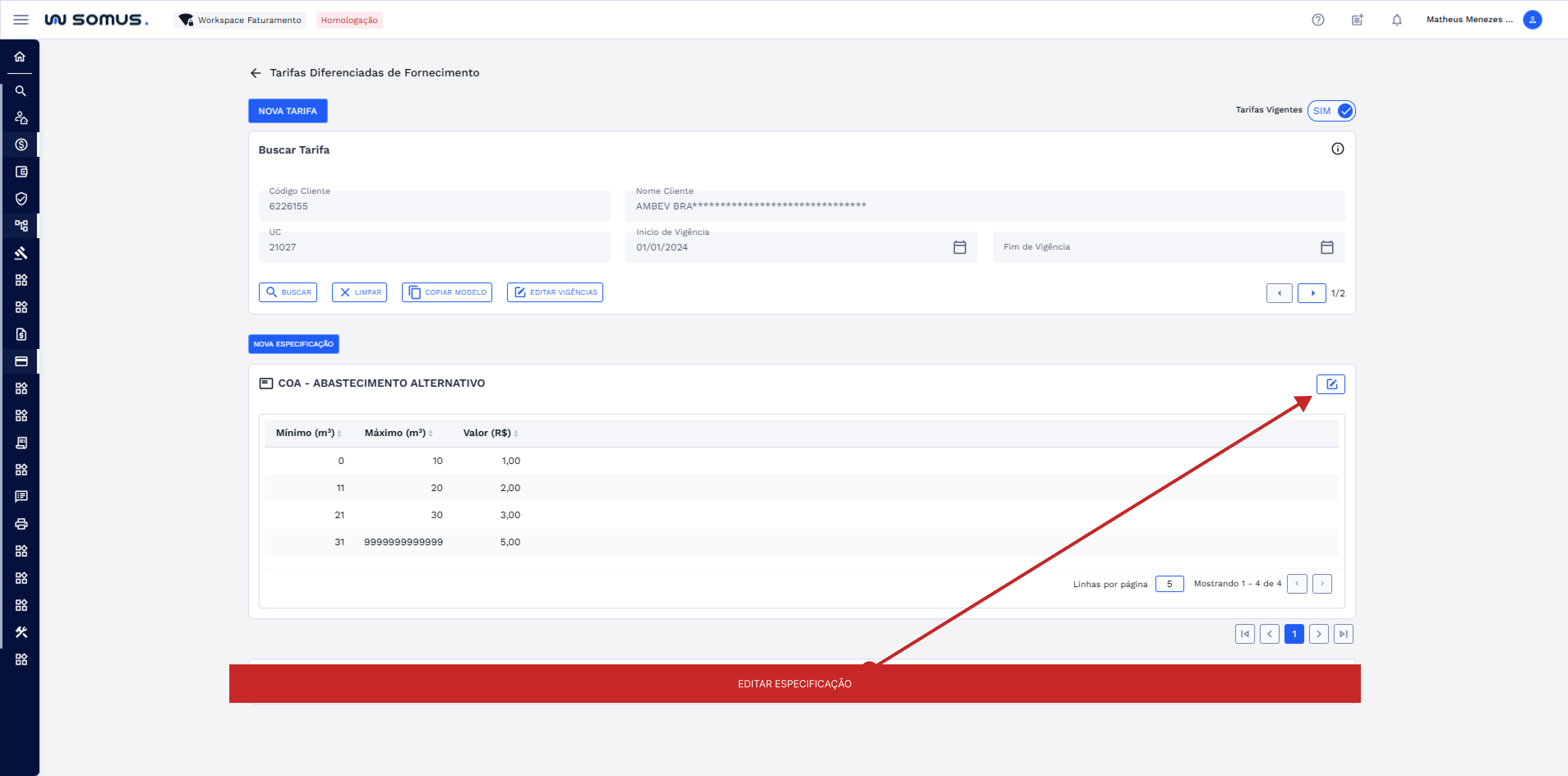 Botão Editar especificação 
